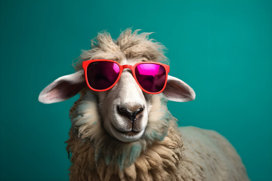 Funny sheep wearing sunglasses in studio with a colorful and bright background. Generative AI