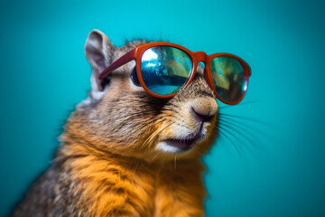Funny squirrel wearing sunglasses in studio with a colorful and bright background. Generative AI