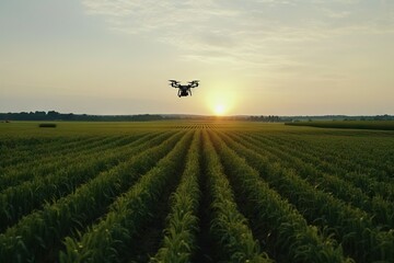 Fototapeta na wymiar Drone Flying over Green Corn Field. Farming and Agriculture Technology Concept. Generative AI illustrations.