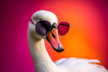 Funny swan or duck wearing sunglasses in studio with a colorful and bright background. Generative AI