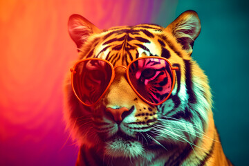 Naklejka premium Funny tiger wearing sunglasses in studio with a colorful and bright background. Generative AI