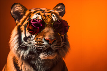 Funny tiger wearing sunglasses in studio with a colorful and bright background. Generative AI