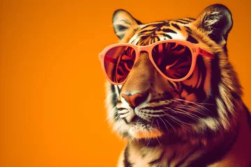 Foto op Aluminium Funny tiger wearing sunglasses in studio with a colorful and bright background. Generative AI © Mihai Zaharia