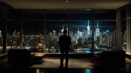 Naklejka na ściany i meble Businessman Gazing at the Cityscape Through a Window, by Generative AI