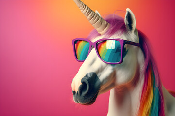 Funny unicorn wearing sunglasses in studio with a colorful and bright background. Generative AI - obrazy, fototapety, plakaty