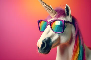 Muurstickers Funny unicorn wearing sunglasses in studio with a colorful and bright background. Generative AI © Mihai Zaharia