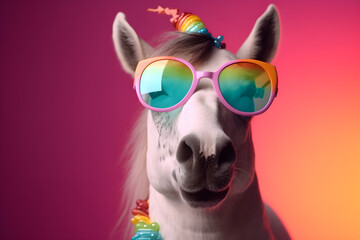 Funny white horse wearing sunglasses in studio with a colorful and bright background. Generative AI