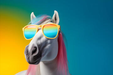 Fototapeta na wymiar Funny white horse wearing sunglasses in studio with a colorful and bright background. Generative AI
