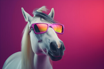 Funny white horse wearing sunglasses in studio with a colorful and bright background. Generative AI - obrazy, fototapety, plakaty