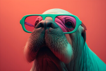 Funny walrus wearing sunglasses in studio with a colorful and bright background. Generative AI