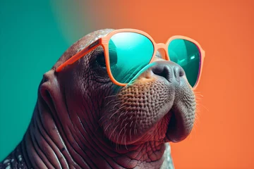 Fotobehang Funny walrus wearing sunglasses in studio with a colorful and bright background. Generative AI © Mihai Zaharia