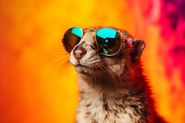 Funny weasel wearing sunglasses in studio with a colorful and bright background. Generative AI - obrazy, fototapety, plakaty