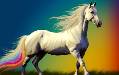 Fototapeta na wymiar Beautiful white horse in colors of pride flag. Generative Ai illustration