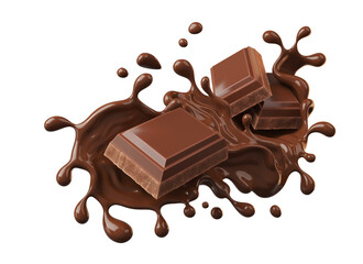 chocolate pieces falling on chocolate sauce with clipping path 3d illustration.