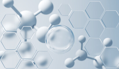 Cosmetic Essence, Liquid bubble, Molecule background, 3d rendering