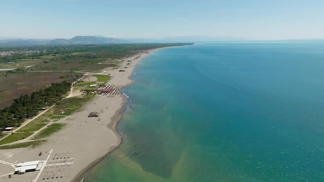Aerial view sandy beach ada bojana in Montenegro, summer sunny day. Nearby the Albania