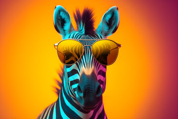 Funny zebra wearing sunglasses in studio with a colorful and bright background. Generative AI - obrazy, fototapety, plakaty