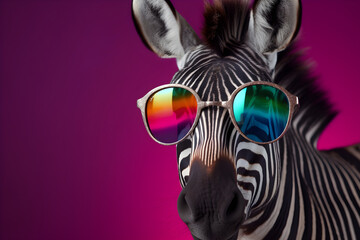Funny zebra wearing sunglasses in studio with a colorful and bright background. Generative AI
