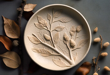 a plate with branches and a leaf on top