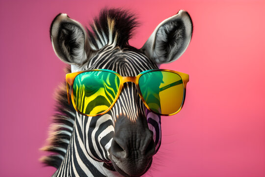 Funny zebra wearing sunglasses in studio with a colorful and bright background. Generative AI