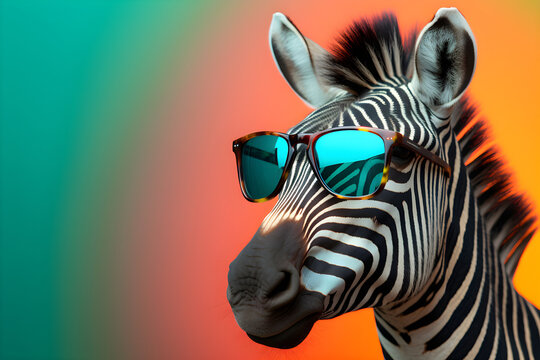 Funny zebra wearing sunglasses in studio with a colorful and bright background. Generative AI