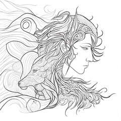 Fototapeta premium Coloring book - fantasy image of a woman in the style of line art created with Generative AI technology.