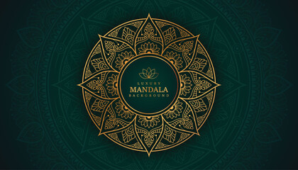  Luxury golden Mandala round design on a dark green background. Design for any card, invitation, wedding, birthday, other holiday, kaleidoscope, yoga, india, folk, arabic. Indian pattern wallpaper.