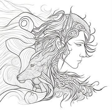 Coloring book - fantasy image of a woman in the style of line art created with Generative AI technology.
