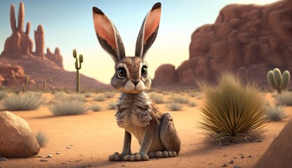 Cute Cartoon Jack Rabbit in the Desert. Generative AI.