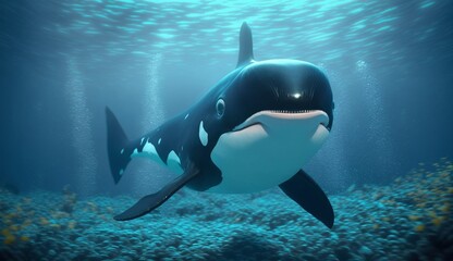Cute Cartoon Killer Whale Character Underwater in the Ocean. Generative AI.