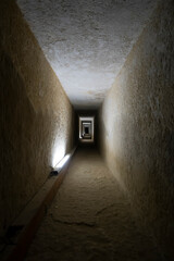 Tunnel entrance to the ancient Egyptian pyramid. high pyramid of Chephren. Giza, Cairo, Egypt....