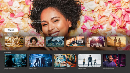 Interface of Streaming Service Website. Online Subscription Offers TV Shows, Realities, Fiction Movies, Podcasts. Screen Replacement for Desktop Computers and Laptops With Featured Family Drama.