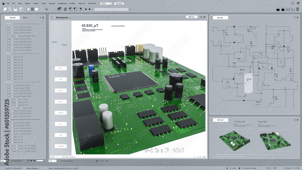 Poster Light Interface Mockup of Professional CAD Computer Software Zoom In On Digital Model of Circuit Board Being Design. Motherboard Production Process or Microchip For Electronic Devices. 3D Render