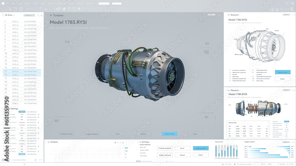 Aufkleber Computer CAD Software Mock-up Showing Design of Industrial Sustainable Green Energy Turbine Engine in 3D. Efficient Motor Prototype Render. VFX Template for PC Displays and Laptop Screens. 3D Render