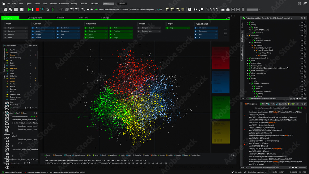 Poster Mock Up of Dark Interface of Programming Software for Data Visualization Working on a Computer. Various Clusters of Connection and Interchanging Data. Mock-up Template for Computer Displays. 3D Render