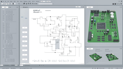 Light Interface Mockup of Professional CAD Computer Software With Digital Diagram of Circuit Board Being Design. Motherboard Production Process or Microchip For Electronic Devices Concept. 3D Render