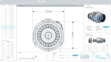 Mock Up Template of Light Interface of Professional CAD Computer Software With Blue Print and 3D Model of Electric Powered Green Energy Jet Engine. Sketch Of Turbine With Measurements. 3D Render