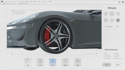 Light Interface Mockup of Professional CAD Computer Software With Edit of Project Of a Modern Sports Car. Model of Futuristic Super Car Electric Vehicle. Focus On Different Rims Options. 3D Render