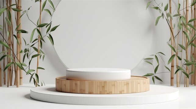 Bamboo product display podium for natural product. Empty scene with bamboo branch. Generative ai