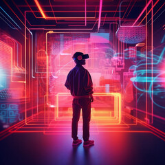 Virtual reality experience, user exploring surreal gradient world, neon-light shapes and thin line fonts, Psychic Waves