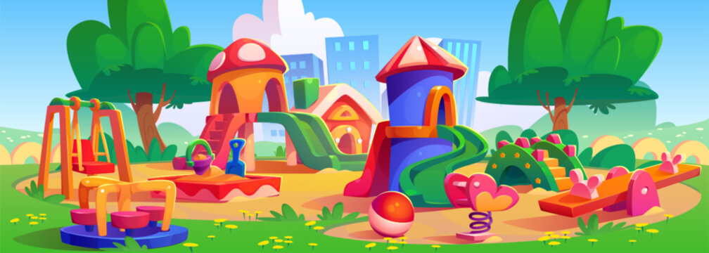 Cartoon playground in city park. Vector illustration of kindergarden yard with colorful swing, carousel, slide and ball for childrens outdoor fun and recreation. Urban building silhouettes background
