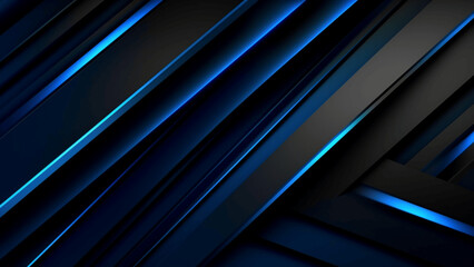 Black blue abstract modern background for design. Dark. Geometric shape. 3d effect. Diagonal lines, stripes. Triangles. Gradient. Light, glow. Metallic sheen. Minimal. Web banner. Wide