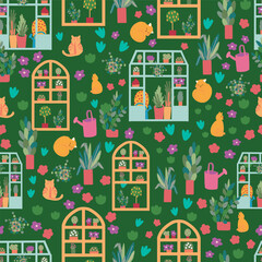 Green Colorful Blooming greenhouse seamless vector pattern. Greenhouse with plants, flowers, and cats.