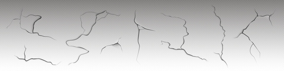 Realistic set of cracks on dry surface isolated on transparent background. Vector illustration of weathered paint, old building facade, abstract damaged wall surface, grungy texture, worn enamel