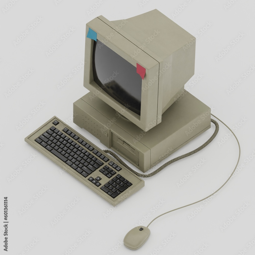 Poster old computer isolated on white background in an isometric view.