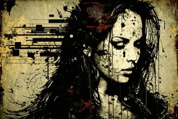 Grunge illustration of a female face with music notes in the background