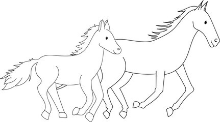 Mother anc baby horse. Coloring page for kids. Cartoon illustration for children isolated on white background.