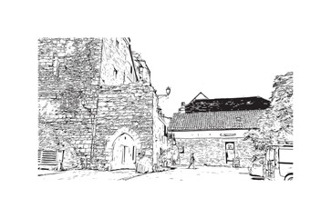 Building view with landmark of  Rocamadour is the commune in France. Hand drawn sketch illustration in vector.