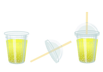 Gobelet en plastique recyclable et transparent avec ou sans son couvercle et sa paille contenant un soda ou une boisson gazeuse au citron, fruits de la passion, litchi, ananas