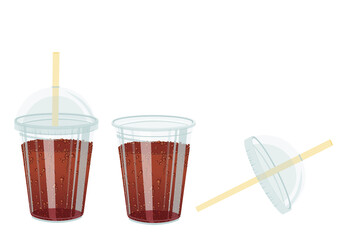 Gobelet en plastique recyclable et transparent avec ou sans son couvercle et sa paille contenant un soda ou une boisson gazeuse au cola ou aux fruits.